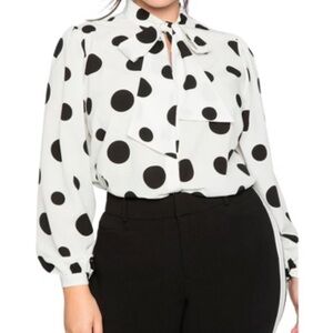 Eloquii Long Sleeve White Black Polka Dot Tie Front Button Down Shirt Top Blouse